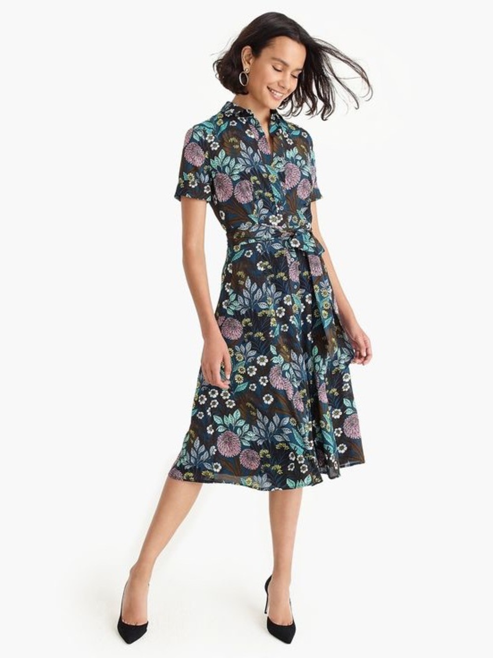 J. Crew Navy Floral Midi Dress with Pink, Teal & Yellow Accents - Picture 9 of 10